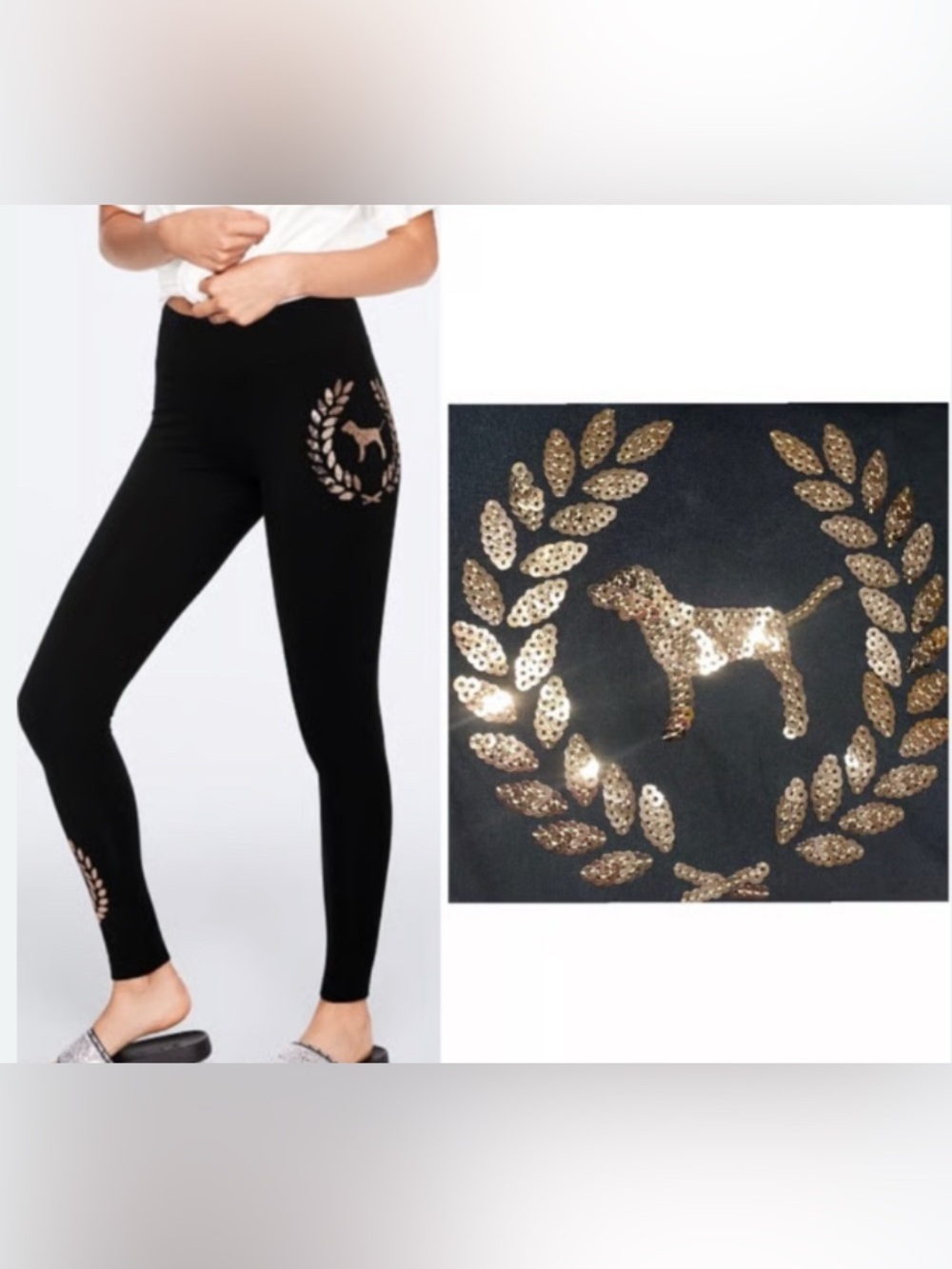 PINK Victoria’s Secret bling yoga leggings 
Size large gold sequin black